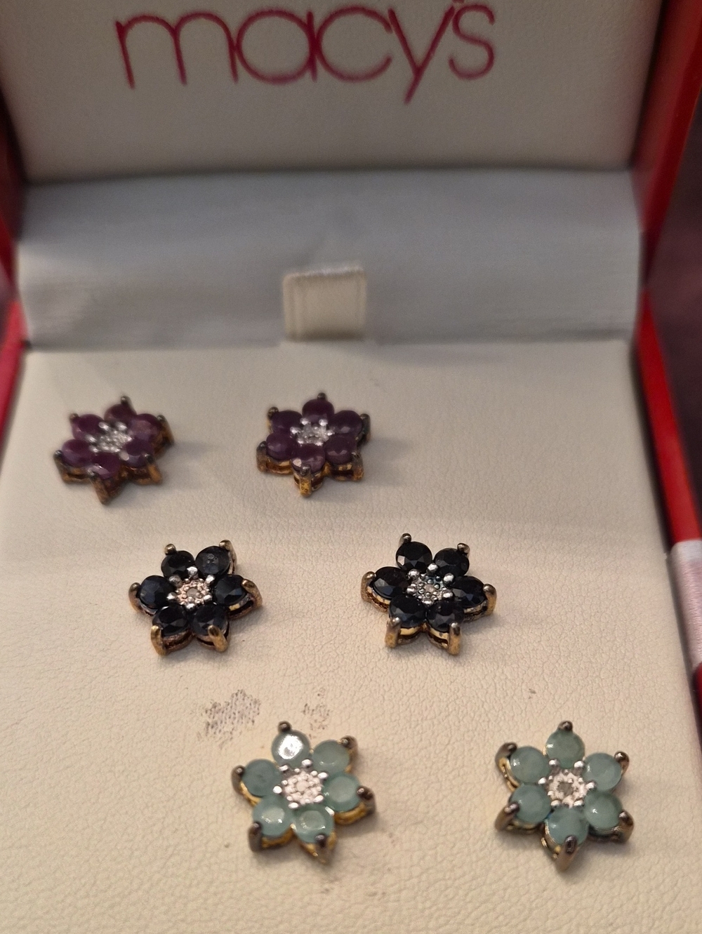 Macy's Floral Stud Earrings in Purple, Black and Pale Green